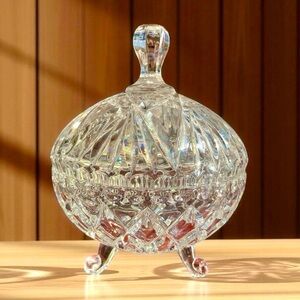 Vintage 3 footed covered dish,crystal, cannot make out label, no chips or cracks